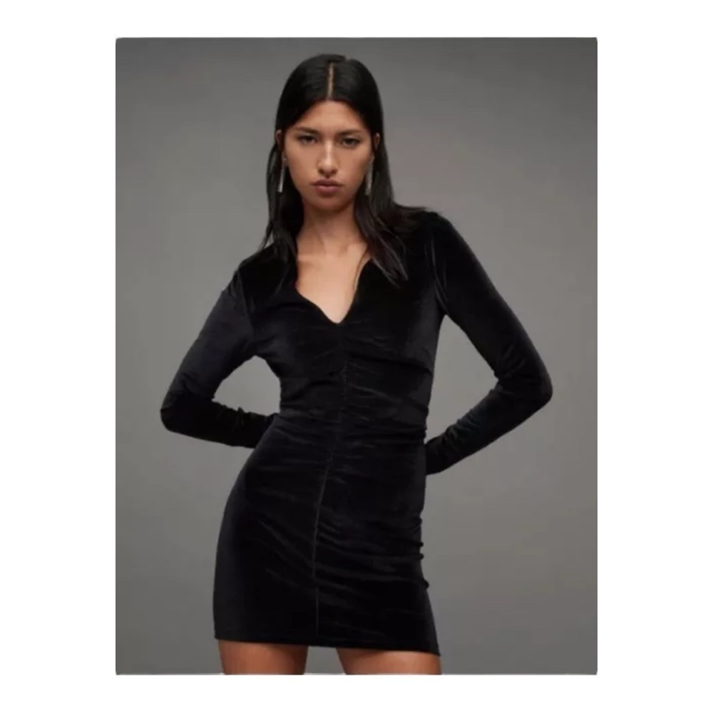 Allsaints Anya Velvet V-neck Mini Dress in Black NWT - Picture 3 of 6
